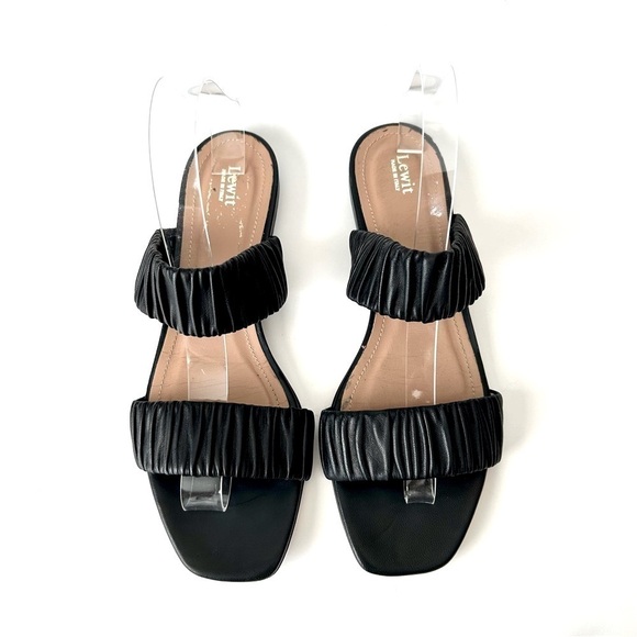 Lewit Elena Black Leather Ruched Two Strap Flap Slide Sandals Size 39 / 8 - Picture 5 of 7